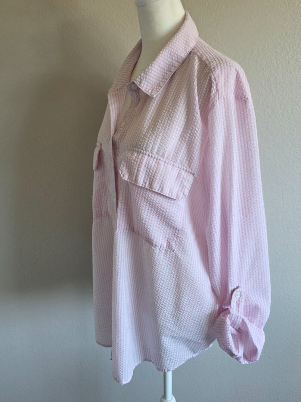 Casa Cabana Shirt Women XXL Pink White Stripe Seersucker Roll Tab Sleeve Coastal - Picture 4 of 8